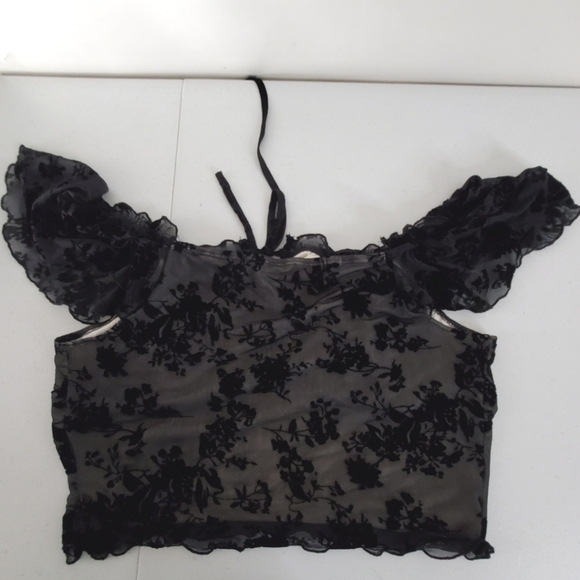 Black Floral Lace Mesh Milkmaid Top Plus Size 2XL Ruffle Flutter Sleeve Coquette - Picture 4 of 11